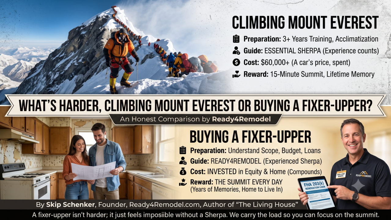 Original LinkedIn cover graphic for What's Harder, Climbing Mount Everest or Buying a Fixer-Upper?