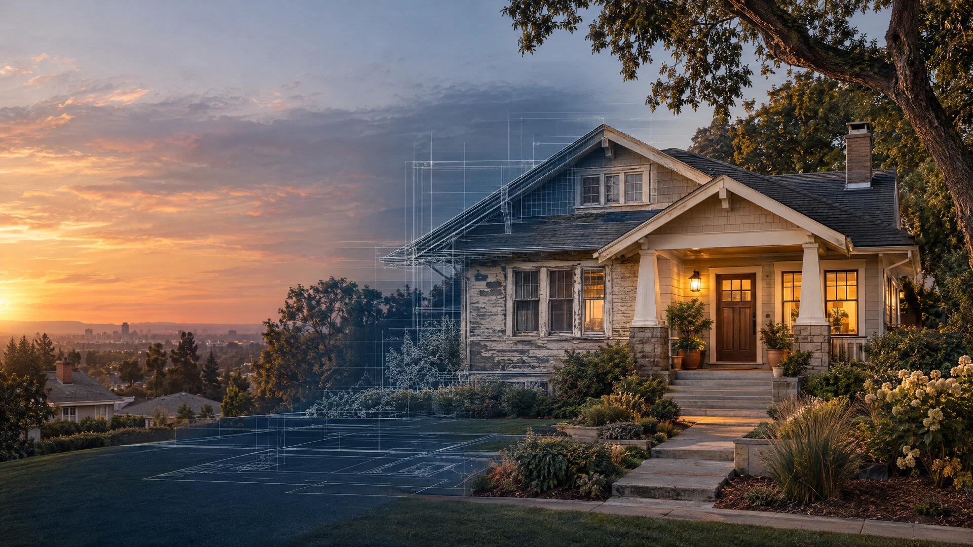 An older American home represented with architectural renovation linework